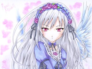 Rating: Safe Score: 0 Tags: 1girl dress flower frills hairband image long_hair long_sleeves looking_at_viewer ribbon silver_hair solo suigintou upper_body wings User: admin