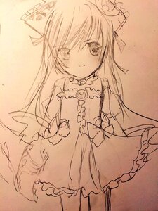Rating: Safe Score: 0 Tags: 1girl bangs blush bow closed_mouth dress eyebrows_visible_through_hair hair_between_eyes image long_hair looking_at_viewer monochrome photo smile solo standing suiseiseki traditional_media very_long_hair User: admin