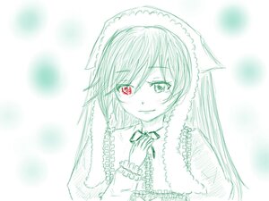 Rating: Safe Score: 0 Tags: 1girl blush eyebrows_visible_through_hair frills green_theme image long_hair long_sleeves looking_at_viewer monochrome smile solo suiseiseki upper_body User: admin