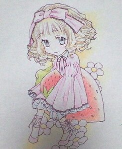 Rating: Safe Score: 0 Tags: 1girl blonde_hair blue_eyes bow dress drill_hair flower food frills fruit full_body hina_ichigo hinaichigo holding image long_sleeves looking_at_viewer pink_bow rain short_hair sitting smile solo traditional_media User: admin