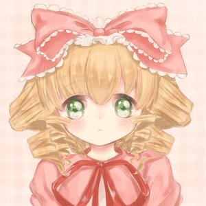 Rating: Safe Score: 0 Tags: 1girl :< blonde_hair blush bow drill_hair green_eyes hair_bow hina_ichigo hinaichigo image looking_at_viewer pink_background ribbon short_hair solo striped_background upper_body User: admin