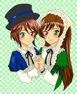 Rating: Safe Score: 0 Tags: 2girls argyle argyle_background black_ribbon brown_hair checkered checkered_background checkered_floor dress frills green_background green_eyes hat head_scarf heterochromia holding_hands image interlocked_fingers long_hair long_sleeves looking_at_viewer multiple_girls pair plaid_background red_eyes ribbon short_hair siblings sisters smile souseiseki suiseiseki tile_floor tiles top_hat twins User: admin