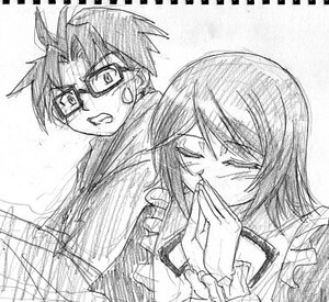 Rating: Safe Score: 0 Tags: 1boy 2girls glasses graphite_(medium) greyscale image monochrome school_uniform solo souseiseki traditional_media User: admin