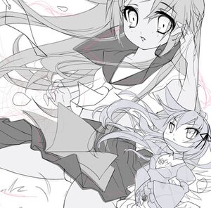 Rating: Safe Score: 0 Tags: 2girls greyscale image long_hair monochrome multiple_girls pantyshot ribbon school_uniform serafuku skirt solo standing suigintou underwear wind zoom_layer User: admin