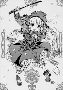 Rating: Safe Score: 0 Tags: 1girl bangs blunt_bangs bonnet character_name dress frills full_body greyscale hood image long_hair long_sleeves monochrome open_mouth shinku solo staff User: admin