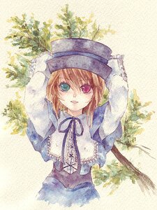 Rating: Safe Score: 0 Tags: 1girl blue_dress brown_hair dress frills green_eyes hat heterochromia image long_sleeves looking_at_viewer plant red_eyes ribbon short_hair solo souseiseki suiseiseki tree upper_body User: admin