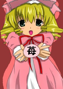 Rating: Safe Score: 0 Tags: 1girl :o blonde_hair blush bow dress drill_hair green_eyes hina_ichigo hinaichigo image long_sleeves looking_at_viewer open_mouth pink_bow pink_dress ribbon simple_background solo User: admin