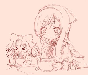 Rating: Safe Score: 0 Tags: 2girls >_< animal_ears book bowl chibi chopsticks closed_eyes eating hinaichigo holding_chopsticks image long_hair long_sleeves monochrome multiple_girls noodles pair sketch suiseiseki User: admin