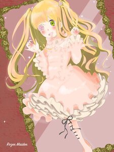 Rating: Safe Score: 0 Tags: 1girl barefoot blonde_hair blush dress eyepatch flower green_eyes hair_flower hair_ornament image kirakishou long_hair open_mouth rose solo sparkle striped twintails User: admin