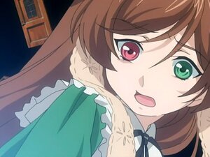 Rating: Safe Score: 0 Tags: 1girl apron bangs brown_hair close-up dress frills green_dress green_eyes image long_hair looking_at_viewer open_mouth red_eyes ribbon solo suiseiseki User: admin