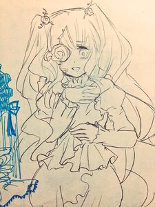 Rating: Safe Score: 0 Tags: 1girl eyepatch hair_bell hair_ornament image kirakishou long_hair long_sleeves looking_at_viewer monochrome open_mouth smile solo traditional_media User: admin