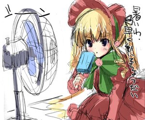 Rating: Safe Score: 0 Tags: 1girl artist_request blonde_hair blue_eyes blush bonnet bow bowtie capelet dress electric_fan food image long_hair long_sleeves popsicle red_dress rozen_maiden shinku sketch solo User: admin