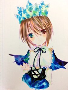 Rating: Safe Score: 0 Tags: 1girl animal brown_hair cat closed_mouth frills green_eyes hariruri heterochromia image long_sleeves looking_at_viewer red_eyes ribbon short_hair simple_background smile solo souseiseki traditional_media upper_body User: admin