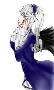 Rating: Safe Score: 0 Tags: 1girl black_wings blush dress frills hand_on_own_cheek image juliet_sleeves long_hair long_sleeves pink_eyes profile puffy_sleeves simple_background solo suigintou white_background wings User: admin