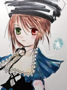Rating: Safe Score: 0 Tags: 1girl brown_hair closed_mouth collar frills green_eyes hariruri hat heterochromia image looking_at_viewer red_eyes short_hair simple_background solo souseiseki upper_body User: admin