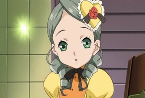 Rating: Safe Score: 0 Tags: 1girl :o drill_hair green_eyes green_hair hat image indoors kanaria mini_hat ribbon solo User: admin