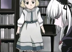 Rating: Safe Score: 0 Tags: 2girls blonde_hair bookshelf dress hairband image long_hair long_sleeves multiple_girls profile ribbon sarah solo standing suigintou white_hair User: admin