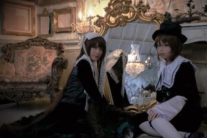 Rating: Safe Score: 0 Tags: 2girls bangs black_headwear brown_hair chair couch cup dress hat holding indoors long_sleeves multiple_cosplay multiple_girls painting_(object) sitting tagme window User: admin