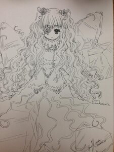 Rating: Safe Score: 0 Tags: 1girl crown dress flower frills image kirakishou long_hair long_sleeves monochrome solo traditional_media very_long_hair wavy_hair User: admin