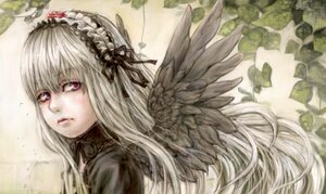 Rating: Safe Score: 0 Tags: 1girl bangs black_ribbon black_wings closed_mouth dress feathered_wings flower frills hairband image lips long_hair looking_at_viewer pink_eyes ribbon rose silver_hair solo suigintou wings User: admin