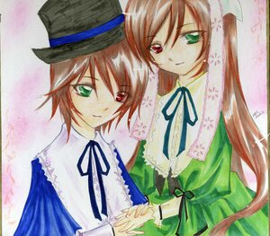 Rating: Safe Score: 0 Tags: 2girls blue_dress brown_hair dress frills green_dress green_eyes hat heterochromia holding_hands image long_hair long_sleeves looking_at_viewer multiple_girls pair red_eyes ribbon short_hair siblings sisters smile souseiseki suiseiseki top_hat traditional_media twins very_long_hair User: admin