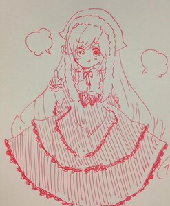 Rating: Safe Score: 0 Tags: 1girl :t dress eyebrows_visible_through_hair frills hat image long_hair long_sleeves maid_headdress monochrome patchouli_knowledge pout solo suiseiseki traditional_media very_long_hair User: admin