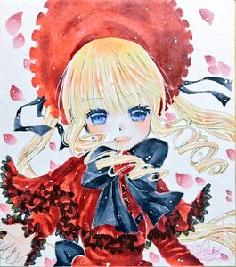 Rating: Safe Score: 0 Tags: 1girl bangs black_ribbon blonde_hair blue_eyes blush bonnet bow capelet dress drill_hair eyebrows_visible_through_hair frills hair_ribbon image long_hair looking_at_viewer marker_(medium) millipen_(medium) open_mouth petals red_capelet ribbon rose_petals sample shikishi shinku smile solo traditional_media twin_drills twintails upper_body watercolor_(medium) User: admin