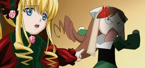 Rating: Safe Score: 0 Tags: 2girls anger_vein angry blonde_hair blue_eyes bonnet bow drill_hair flower long_hair long_sleeves multiple_girls open_mouth parody pink_rose rose shinku sidelocks twin_drills User: admin