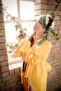 Rating: Safe Score: 0 Tags: 1girl brick_wall dress drill_hair flower frills green_hair kanaria orange_dress plant solo standing window yellow_dress User: admin