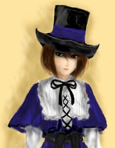Rating: Safe Score: 0 Tags: 1girl blue_dress blue_headwear brown_hair dress green_eyes hat heterochromia image long_sleeves looking_at_viewer ribbon short_hair simple_background solo souseiseki top_hat upper_body yellow_background User: admin