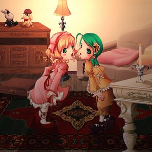Rating: Safe Score: 0 Tags: 2girls blonde_hair dress flower green_eyes green_hair hair_ornament hat hinaichigo image kanaria long_sleeves multiple_girls pair stuffed_animal tongue User: admin