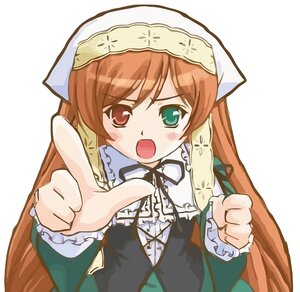 Rating: Safe Score: 0 Tags: 1girl :o angry brown_hair dress frills green_eyes head_scarf heterochromia image long_hair long_sleeves looking_at_viewer open_mouth red_eyes simple_background solo suiseiseki upper_body very_long_hair white_background User: admin