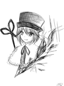 Rating: Safe Score: 0 Tags: 1girl capelet closed_mouth eyebrows_visible_through_hair frills greyscale hat image looking_at_viewer monochrome nagae_iku ribbon short_hair smile solo souseiseki User: admin