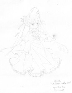 Rating: Safe Score: 0 Tags: 1girl dress frills full_body image long_hair long_sleeves looking_at_viewer monochrome shinku simple_background solo very_long_hair white_background User: admin