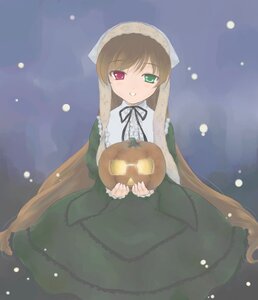 Rating: Safe Score: 0 Tags: 1girl brown_hair dress frills green_dress green_eyes heterochromia holding image jack-o'-lantern long_hair long_sleeves looking_at_viewer red_eyes solo suiseiseki very_long_hair User: admin