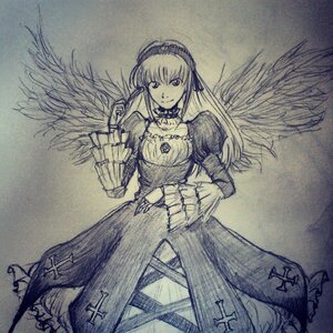 Rating: Safe Score: 0 Tags: 1girl angel_wings cross dress feathered_wings frills hairband image juliet_sleeves latin_cross long_hair long_sleeves looking_at_viewer monochrome puffy_sleeves solo standing suigintou traditional_media wings User: admin