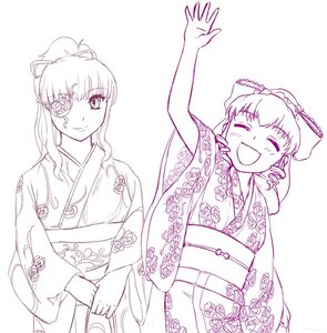 Rating: Safe Score: 0 Tags: 2girls closed_eyes floral_print hinaichigo image japanese_clothes kimono kirakishou monochrome multiple_girls open_mouth ponytail smile solo User: admin