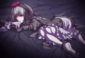 Rating: Safe Score: 0 Tags: 1girl barefoot bat_wings dress feet flower frills hair_ornament hairband image juliet_sleeves long_sleeves looking_at_viewer lying nail_polish on_side pale_skin red_eyes remilia_scarlet short_hair solo suigintou wings User: admin