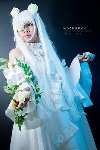 Rating: Safe Score: 0 Tags: 1girl bare_shoulders bouquet dress eyepatch flower kirakishou lips long_hair solo veil white_dress white_hair User: admin