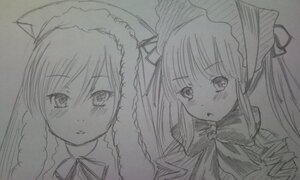 Rating: Safe Score: 0 Tags: 2girls blush bonnet drill_hair face hat image looking_at_viewer monochrome multiple_girls pair shinku simple_background suiseiseki traditional_media twin_drills twintails upper_body User: admin