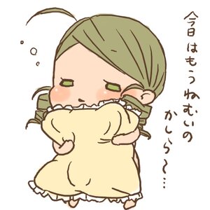 Rating: Safe Score: 0 Tags: 1girl ahoge barefoot blush chibi full_body green_eyes green_hair image kanaria long_sleeves pajamas simple_background solo white_background yellow_dress User: admin