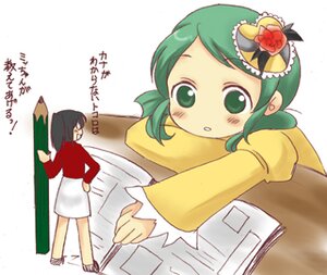 Rating: Safe Score: 0 Tags: 2girls :o blush green_eyes green_hair image kanaria long_sleeves multiple_girls solo User: admin