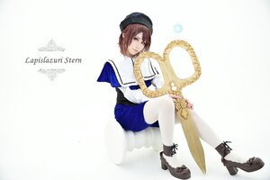 Rating: Safe Score: 0 Tags: 1girl blue_skirt boots brown_hair hat instrument lips pantyhose short_hair sitting skirt solo souseiseki striped vertical_stripes white_legwear User: admin