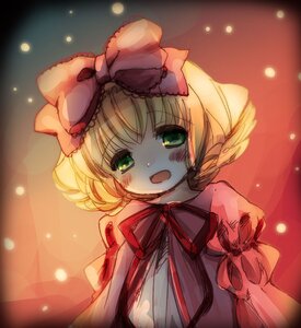 Rating: Safe Score: 0 Tags: 1girl blonde_hair blush bow dress drill_hair green_eyes hair_bow hina_ichigo hinaichigo image light_particles long_sleeves looking_at_viewer open_mouth ribbon smile solo tears upper_body User: admin
