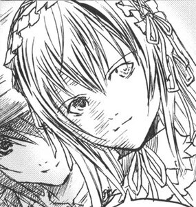 Rating: Safe Score: 0 Tags: 1boy 1girl blush close-up greyscale hair_ribbon image monochrome ribbon solo suigintou User: admin
