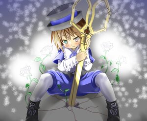Rating: Safe Score: 0 Tags: 1boy blush boots brown_hair cross-laced_footwear flower green_eyes hat image long_sleeves pantyhose shorts sitting solo souseiseki staff top_hat white_legwear User: admin