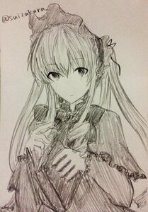 Rating: Safe Score: 0 Tags: 1girl bangs closed_mouth dress eyebrows_visible_through_hair flower hair_between_eyes hat holding image jewelry long_hair long_sleeves looking_at_viewer monochrome ribbon rose shinku solo traditional_media twitter_username upper_body User: admin