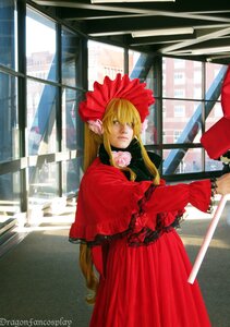 Rating: Safe Score: 0 Tags: 1girl blonde_hair bonnet capelet dress flower long_hair red_dress rose shinku solo User: admin