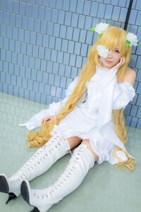 Rating: Safe Score: 0 Tags: 1girl blonde_hair boots dress flower hair_flower kirakishou long_hair sitting solo thighhighs very_long_hair white_dress User: admin