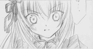 Rating: Safe Score: 0 Tags: 1girl eyebrows_visible_through_hair greyscale hair_ribbon image long_hair looking_at_viewer monochrome ribbon solo suigintou User: admin